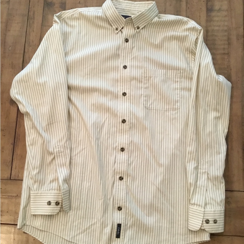 Cabela's Cream Button-Down Shirt with Olive Pinstripes